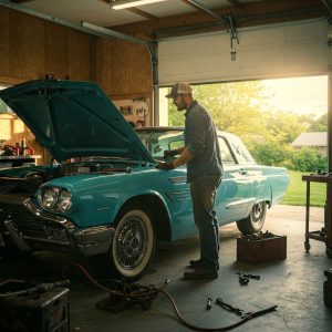 Mechanic dad working on vintage turquoise car in garage, perfect Father's Day gift idea for car enthusiasts