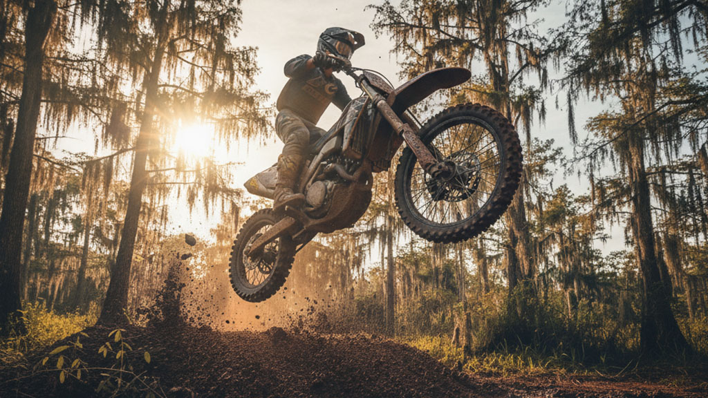 Dirt bike rider performing jump in forest with mud spray, illustrating off-road vehicle riding techniques and safety.