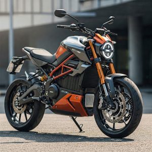 An orange and gray electric street motorcycle parked on pavement in an urban setting, featuring a trellis frame, exposed suspension, and a round LED headlight.