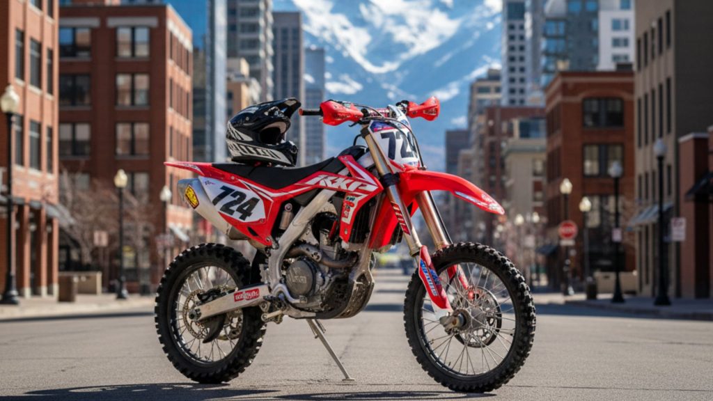 Red dirt bike with helmet parked on urban street, illustrating Utah off-road vehicle registration and riding requirements.