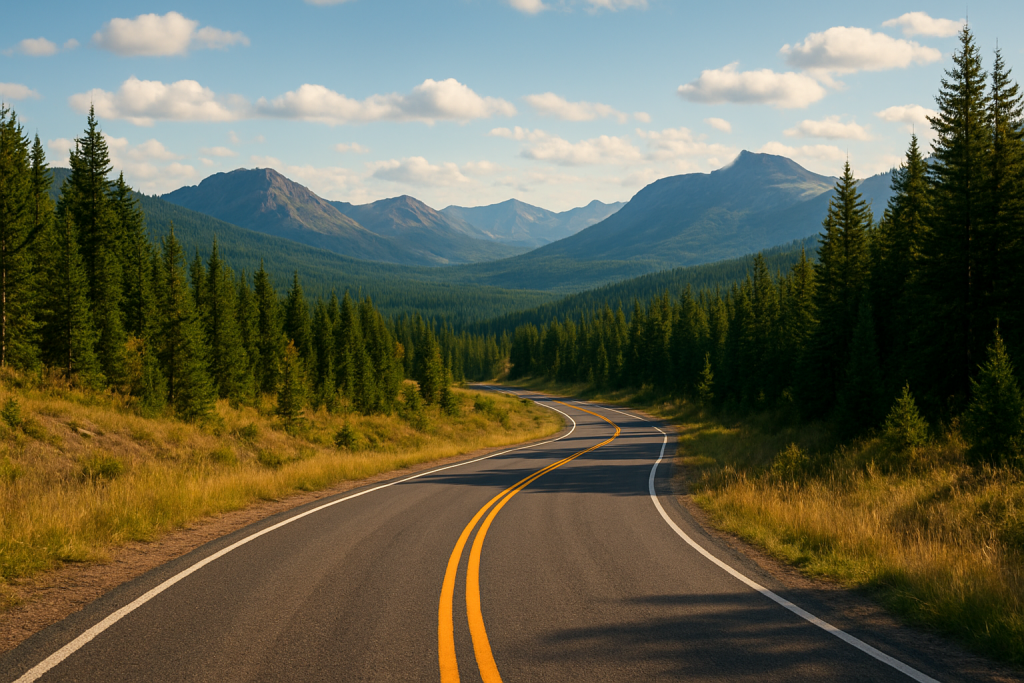 Two lane highway winding through a dense pine forest with mountains in the background under a clear blue sky.