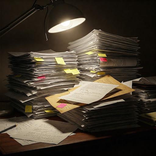 Stacks of paperwork and documents under desk lamp symbolizing registration delays and bureaucratic frustration for vehicle
