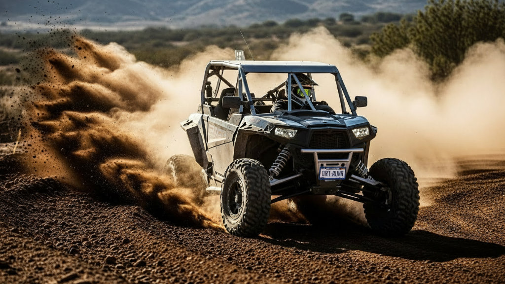 A gray off-road UTV side-by-side vehicle drifting on a dirt track, kicking up a large cloud of dust in a desert landscape.
