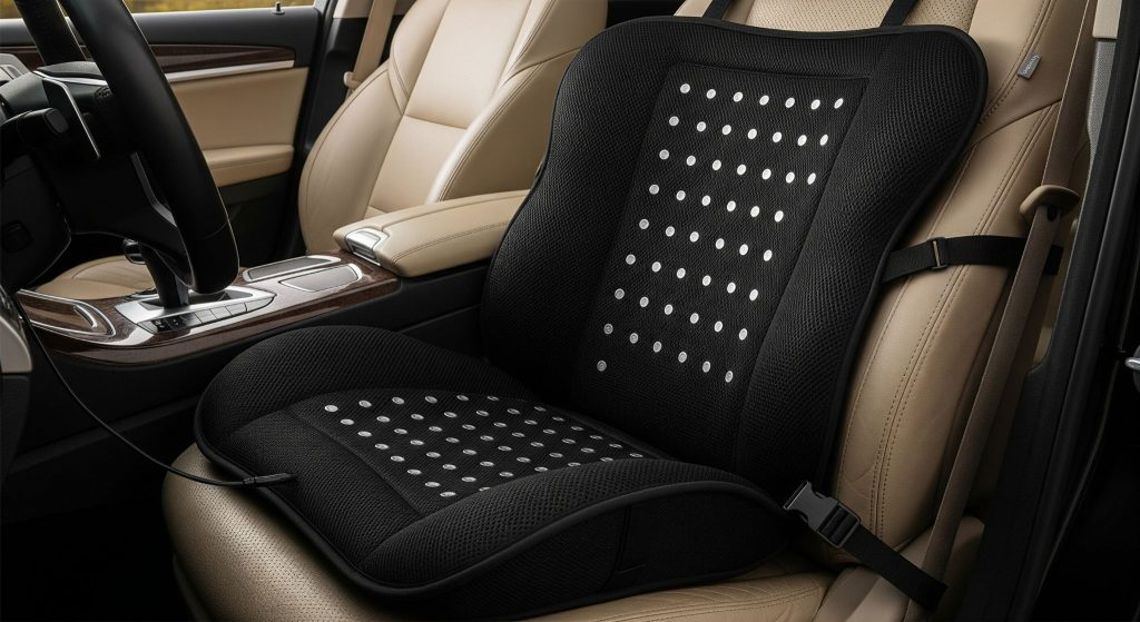Black mesh car seat cushion with white dots installed on beige leather car seat for comfort and support