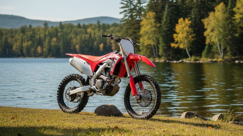 Red dirt bike parked on grassy lakeside beach with forested mountains and water backdrop, Wisconsin off-road riding location