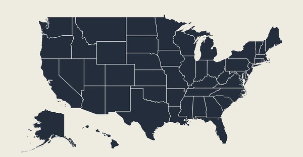 A dark blue map of the United States displays all 50 states outlined with clear white borders against a light background, including Alaska and Hawaii inset at the bottom left.