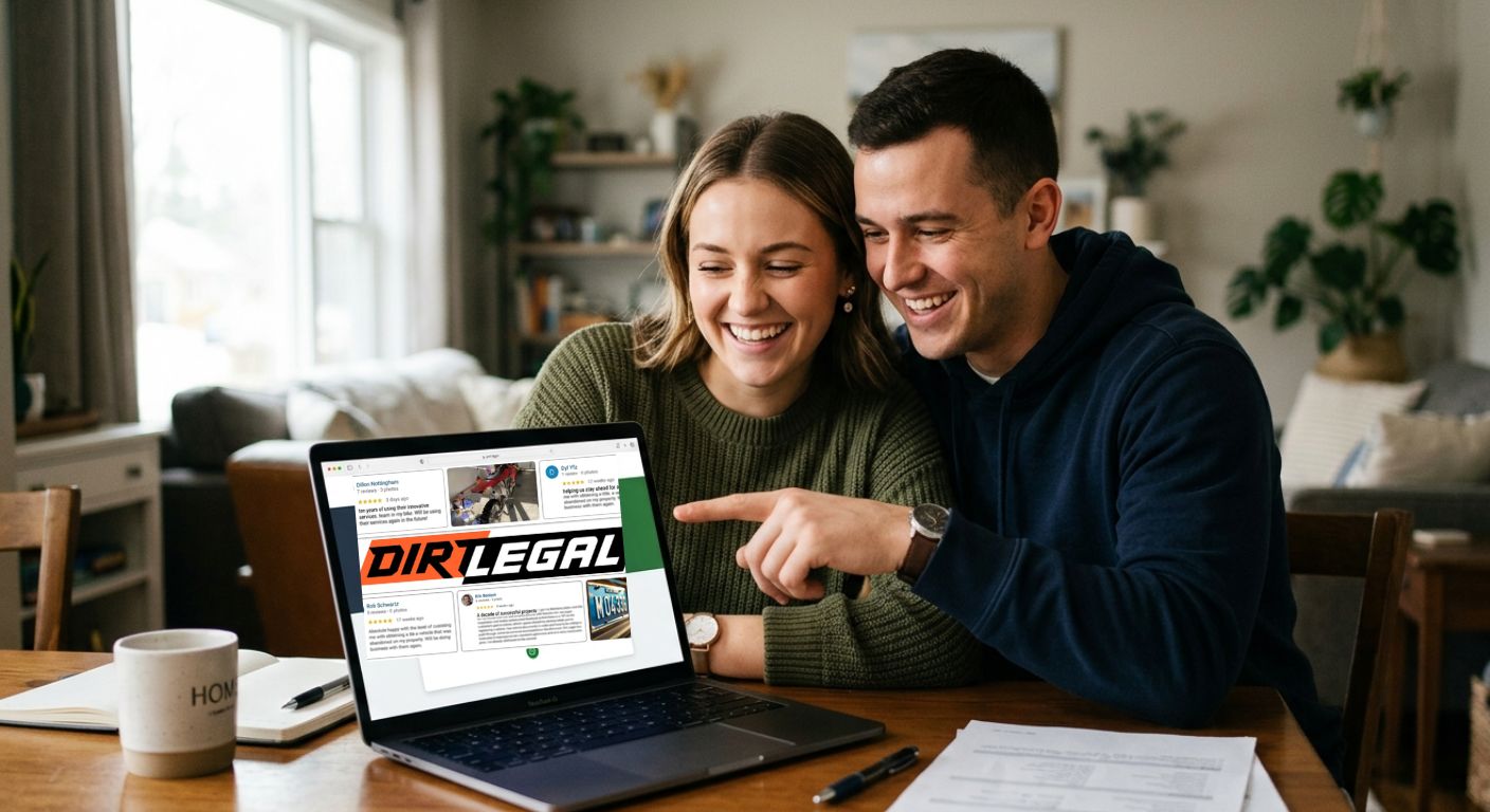 Couple reviewing Dirt Legal vehicle registration information on a laptop while completing paperwork at home