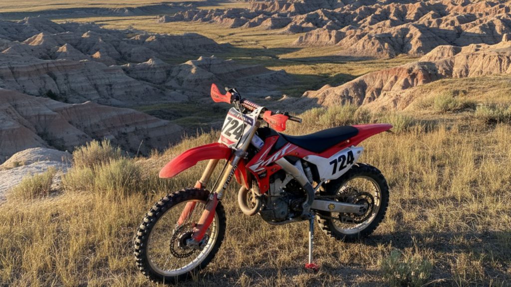 Red and white dirt bike with number 724 parked on South Dakota badlands grassland with eroded canyon formations in background