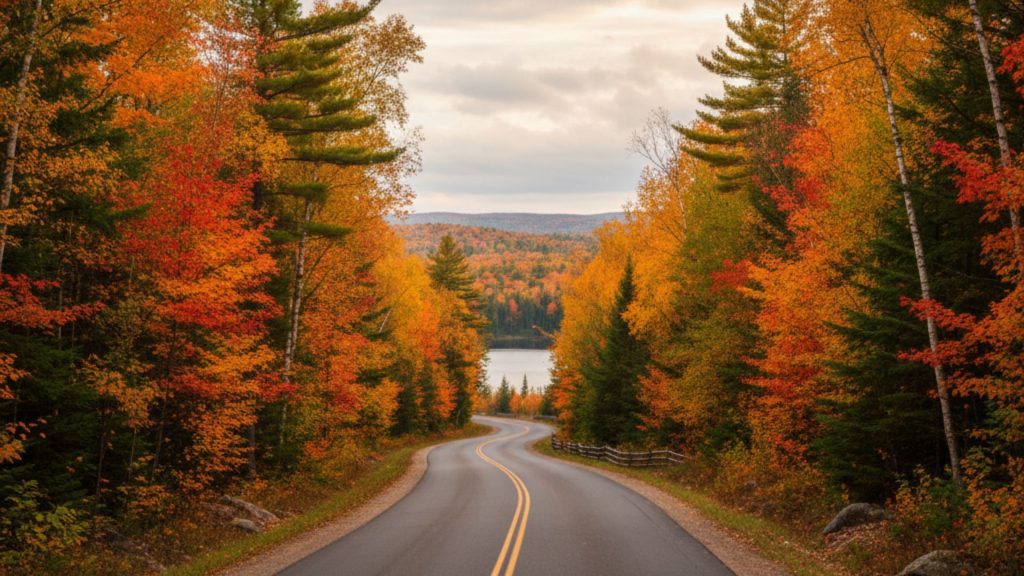 A winding road passes through a forest of vibrant orange and red autumn trees leading toward a lake and distant hills under a cloudy sky.