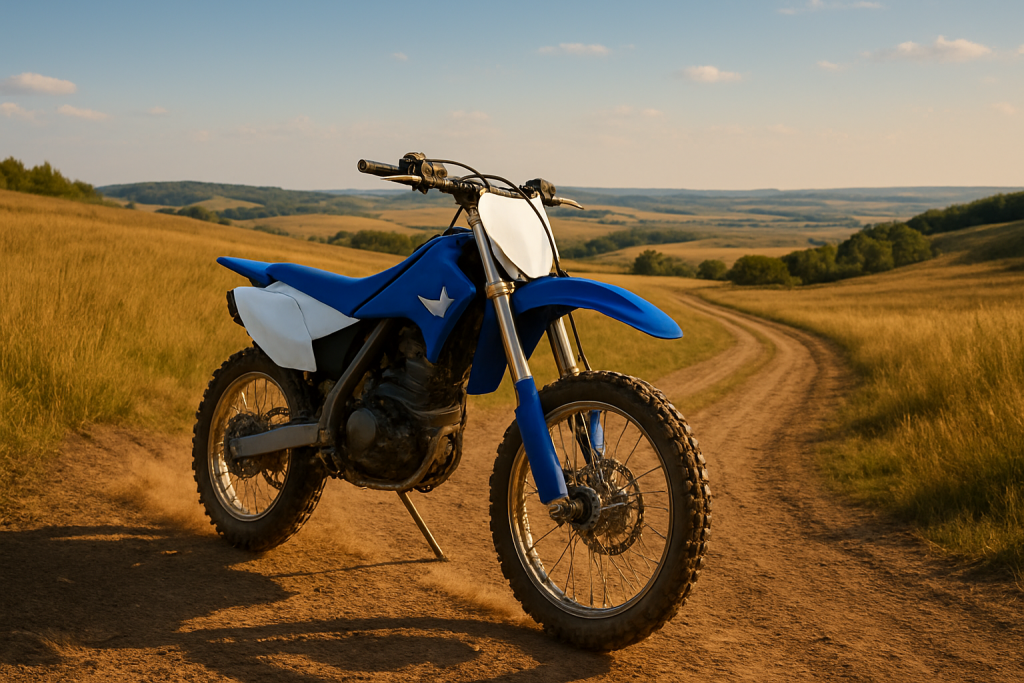 Blue and white dirt bike parked on rural Nebraska trail with rolling hills and farmland in background