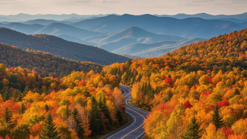 Scenic mountain road winding through autumn foliage in North Carolina's Blue Ridge Mountains during fall season
