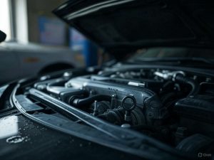 Open car engine compartment showing vital fluids for vehicle maintenance and safe driving