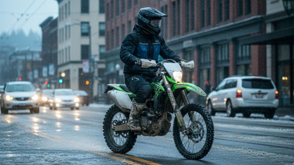 Dirt bike rider navigating urban street in protective gear, illustrating Oregon motorcycle riding regulations