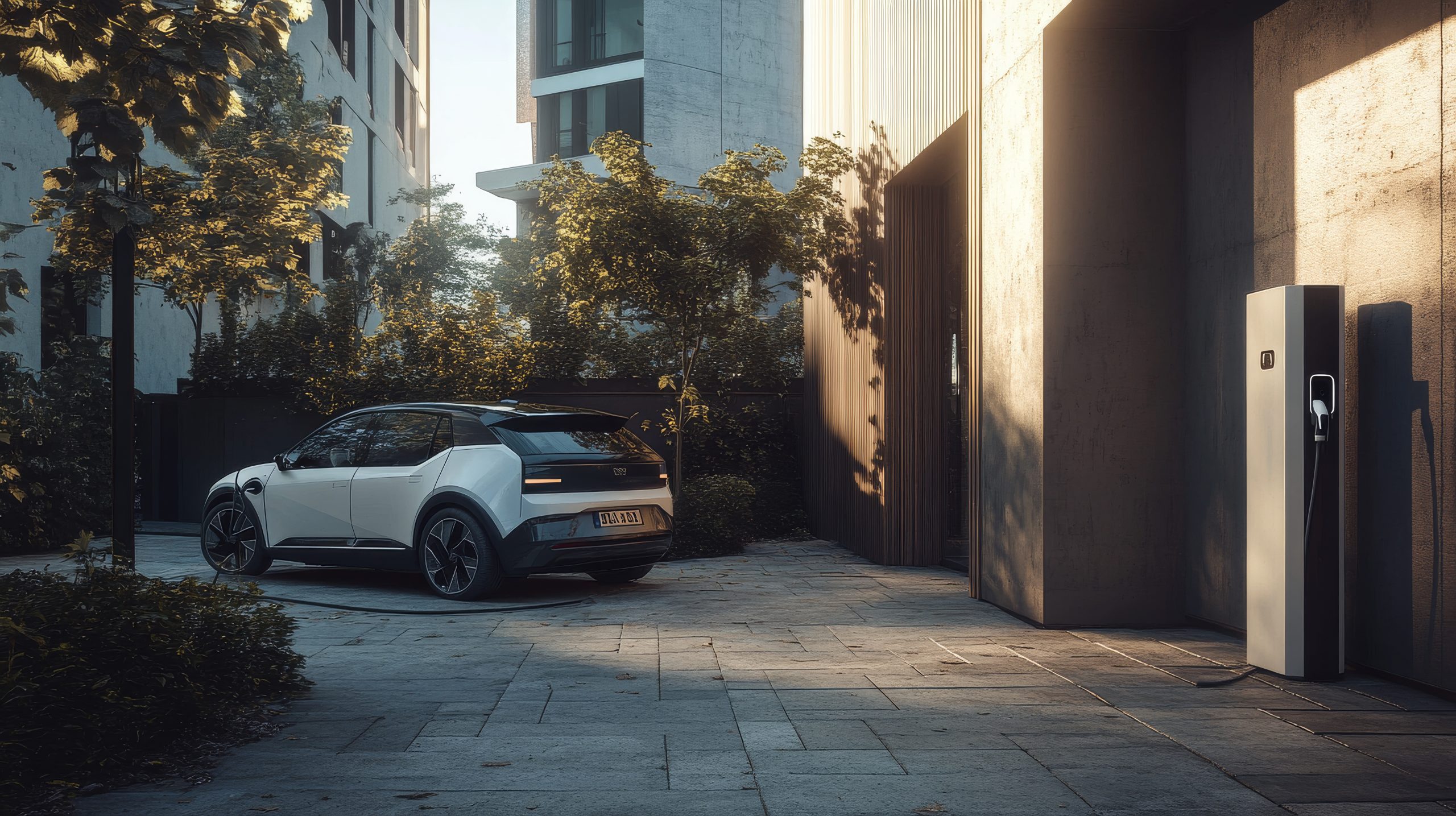 A modern electric vehicle parked at a private charging station reflects the flexibility often associated with Montana LLC vehicle registration strategies.