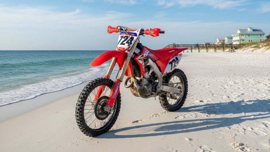 Red dirt bike parked on sandy beach with ocean and coastal houses in background, Alabama
