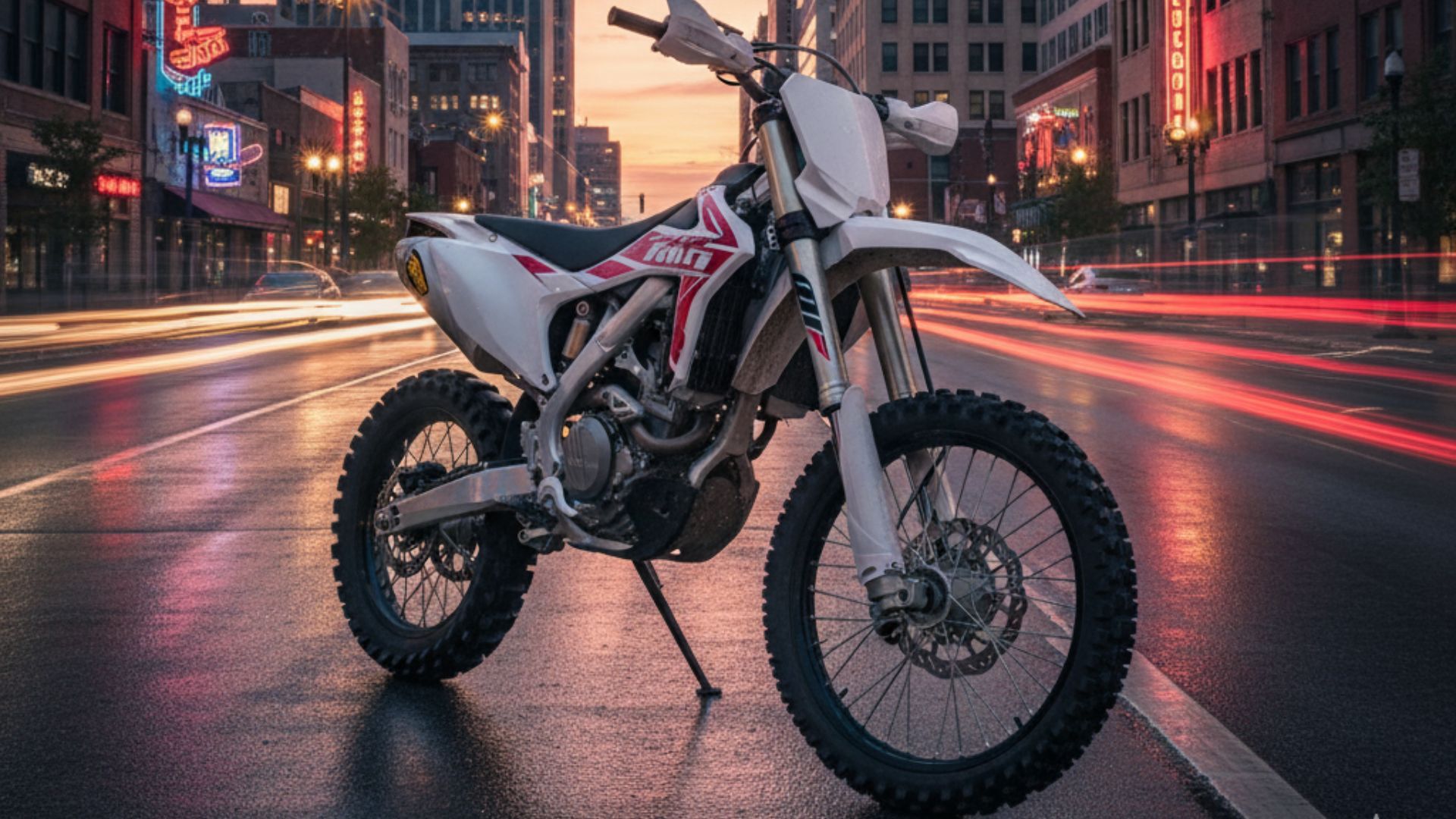Dirt bike parked on an urban street in downtown Oklahoma City at dusk, with modern buildings and blurred city lights in the background.