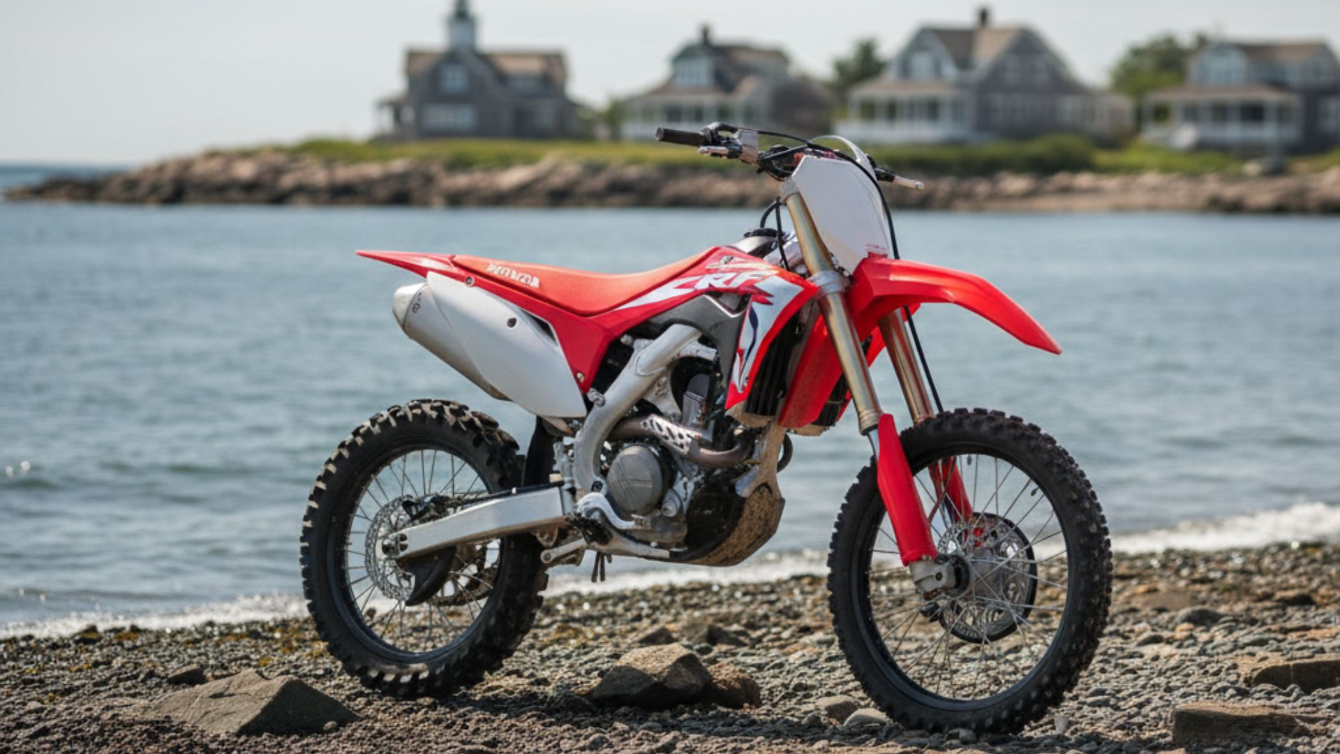 Red Honda dirt bike parked on Maine beach with coastal homes and rocky shoreline in background