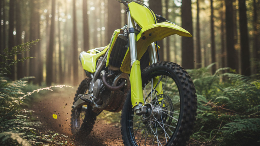 Yellow dirt bike riding through forest trail with mud spray, illustrating Maryland OHV recreational use and registration