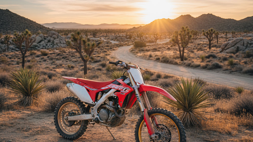 Red dirt bike parked in desert landscape with Joshua trees and mountains at sunset, representing off-road vehicle recreation.