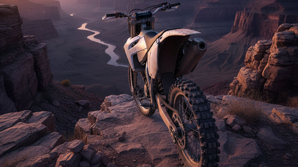 Dirt bike parked on rocky desert canyon overlook with winding river below, showcasing off-road motorcycle terrain