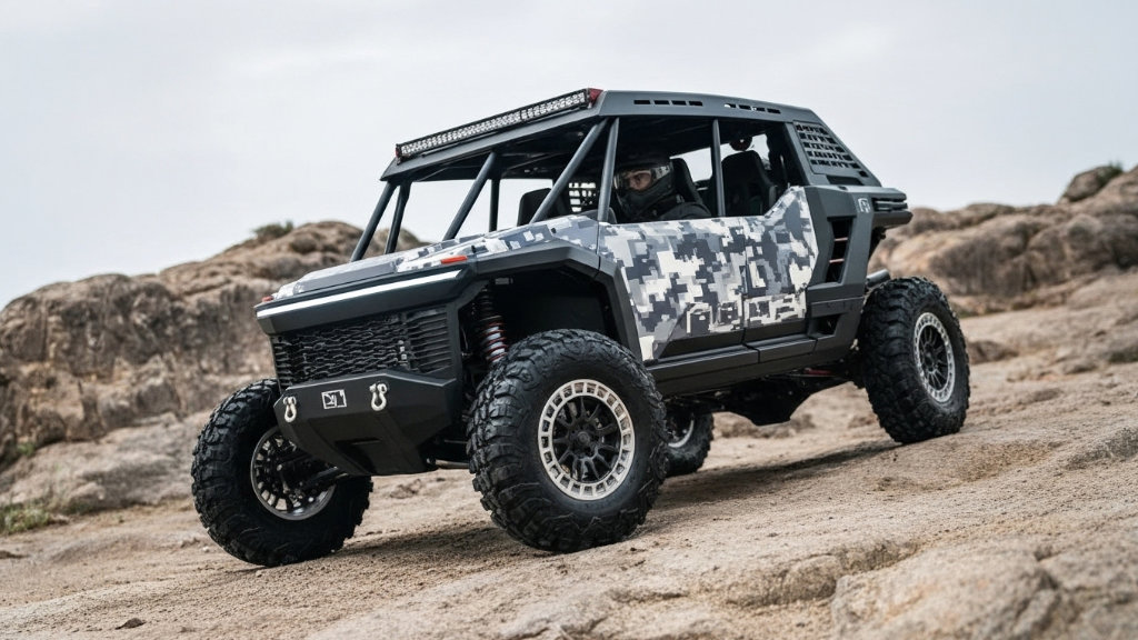 Front 3/4 view of the Toyota Scion 01 Concept UTV with digital camouflage livery climbing a rocky incline, highlighting its robust suspension and LED lighting.