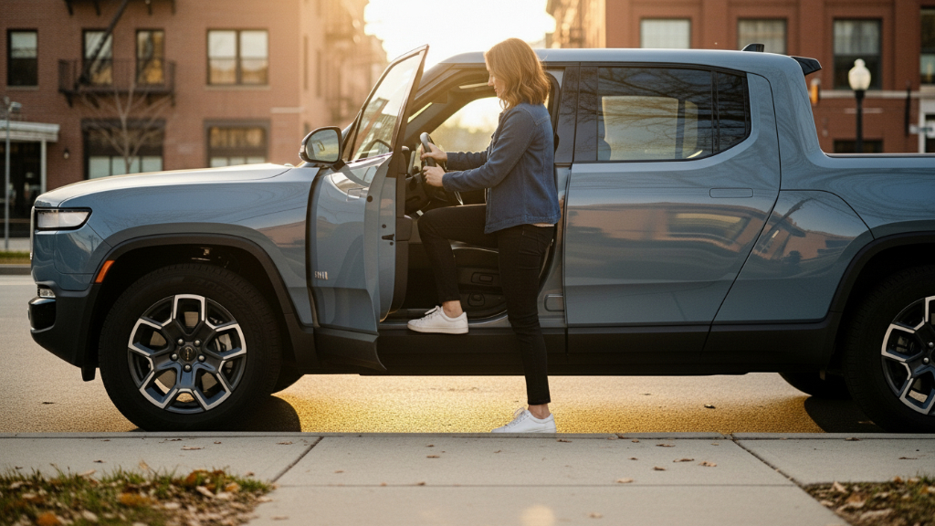 Woman stepping into a blue Rivian R1T electric pickup truck on a city street