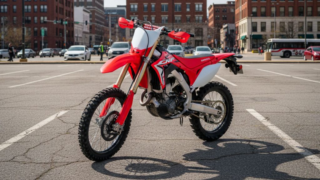 Red and white dirt bike parked on urban street, demonstrating Pennsylvania street-legal conversion for off-road motorcycles.