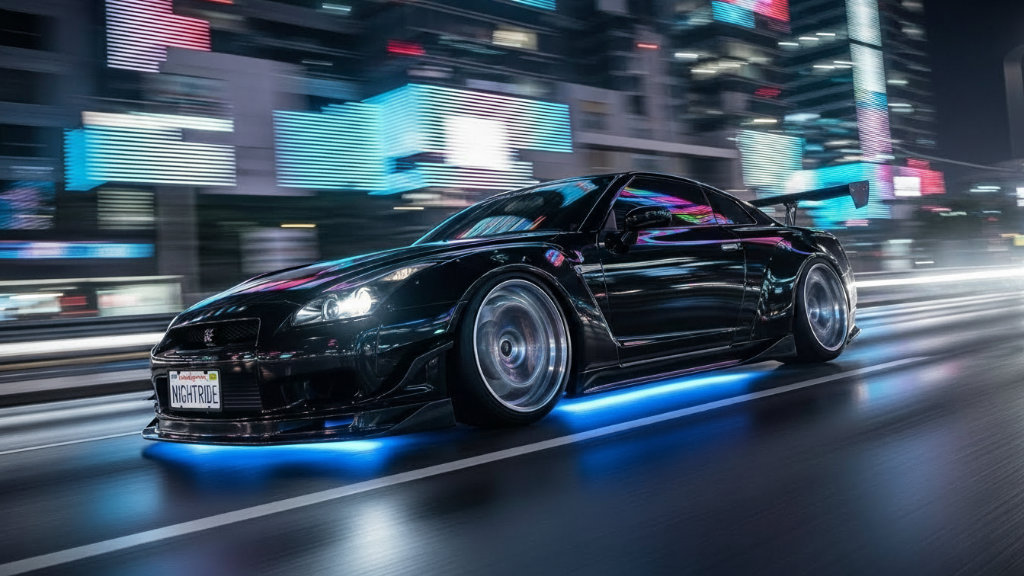 Black sports car with neon underglow racing through futuristic night city streets