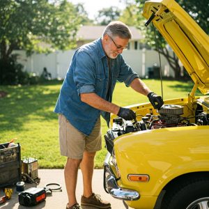 Man in blue shirt working on yellow car engine outdoors