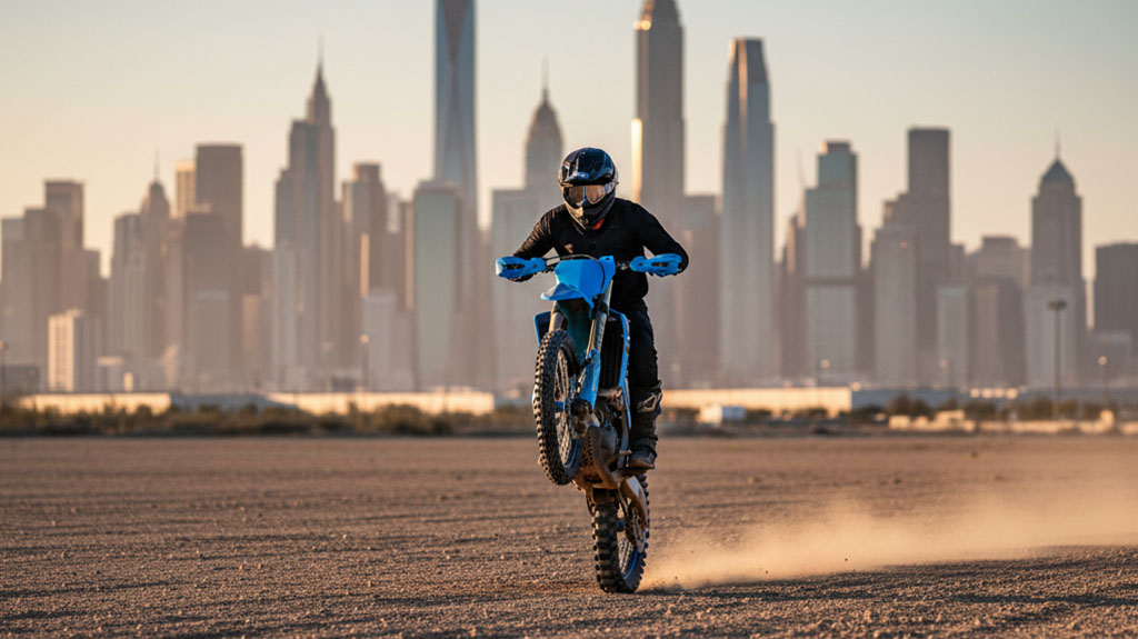 Dirt bike rider performing stunt with city skyline backdrop, demonstrating California off-road motorcycle regulations
