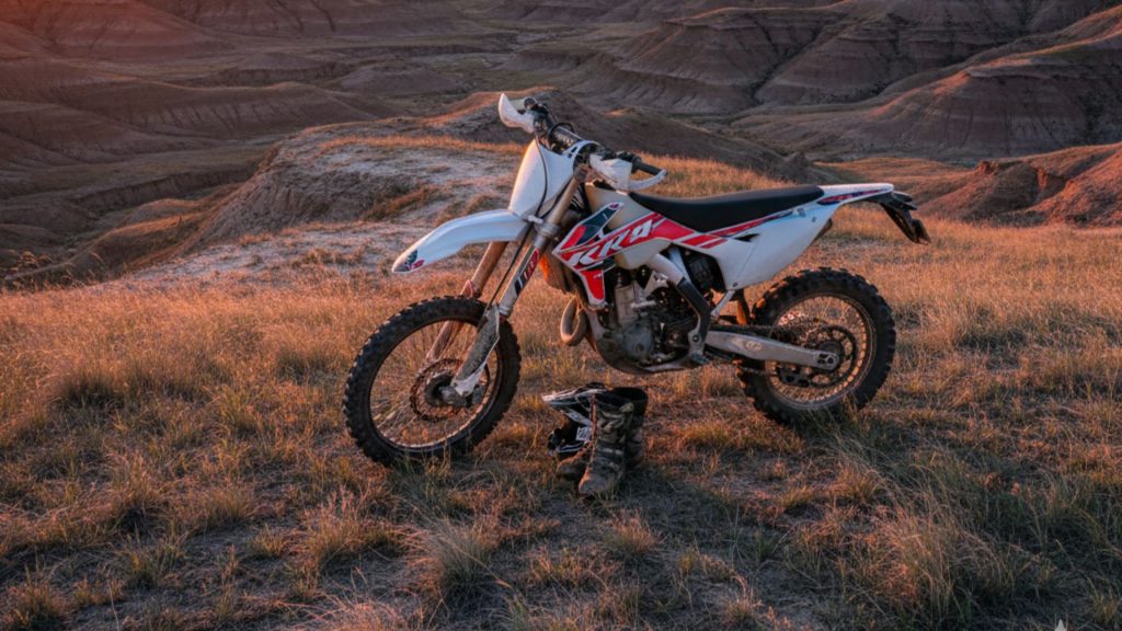 Red and white dirt bike parked on desert terrain, illustrating North Dakota off-road motorcycle riding and trail regulations.