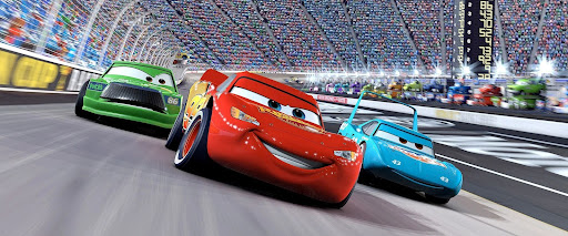 Animated race cars competing on a speedway track, showcasing iconic movie vehicles that would need historic car registration.