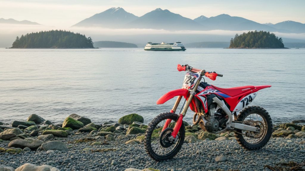 Red dirt bike parked on rocky beach with mountains and ferry in background, illustrating Washington State riding locations