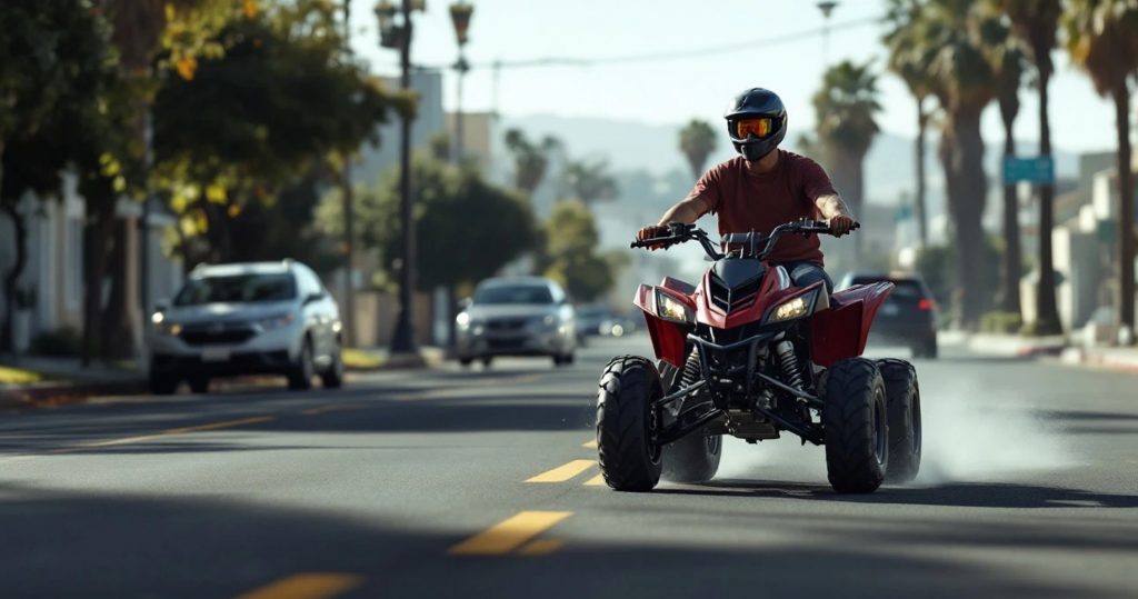 Rider wearing a helmet operating a red ATV on a paved urban street with cars, palm trees, and buildings in the background.