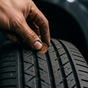 Hand checking car tire tread depth for safe driving and proper vehicle maintenance