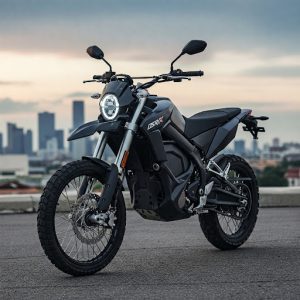 A black electric dual-sport motorcycle parked on a rooftop with a city skyline visible in the background at dusk.