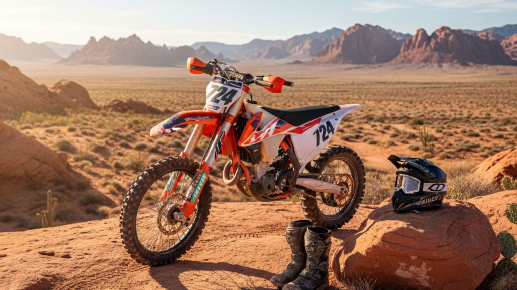 Red and white dirt bike with number plate in desert landscape