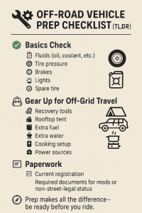 Off-road vehicle prep checklist including basics check, gear up for travel