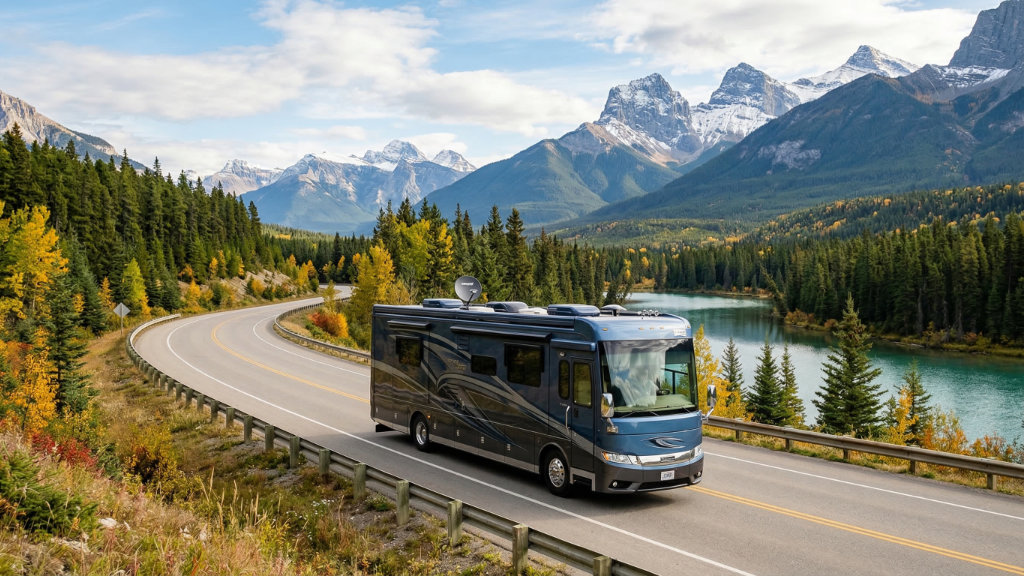 Black motorhome traveling scenic mountain road with turquoise lake and forest