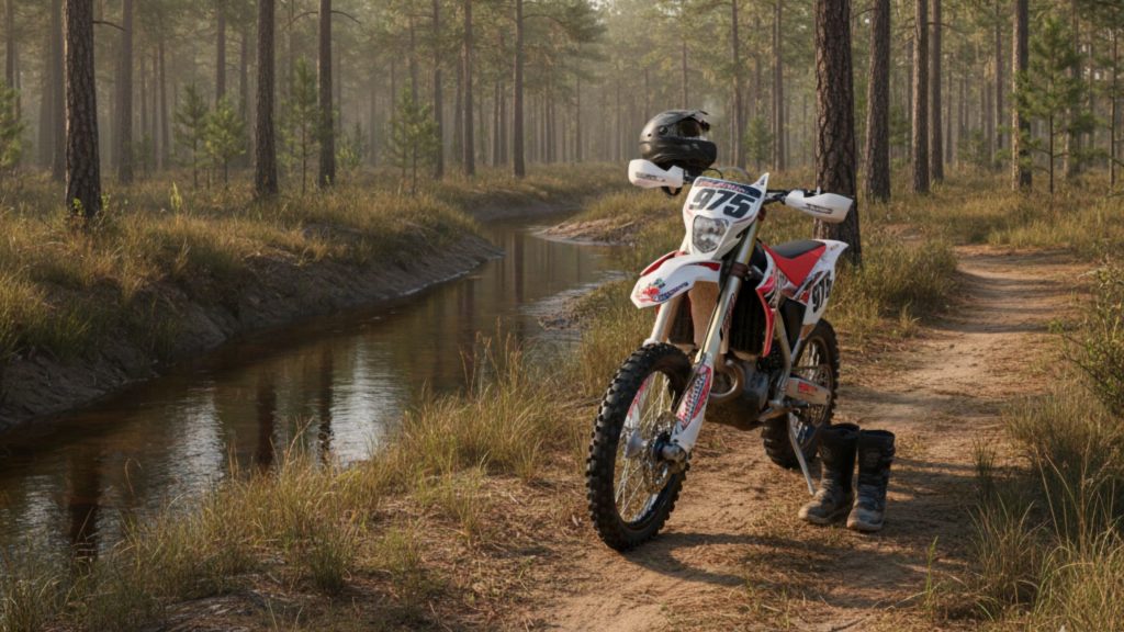 Dirt bike rider in full gear on forest trail near stream, demonstrating New Jersey off-road riding conditions and safety