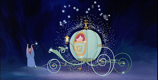An animated scene shows a fairy godmother casting sparkling magic beside a glowing pumpkin carriage transformed into an ornate coach, illuminated against a dark blue night backdrop.