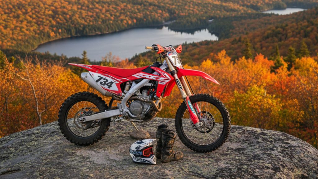 Red dirt bike with number 784 positioned on rocky outcrop overlooking autumn forest and lake in New Hampshire