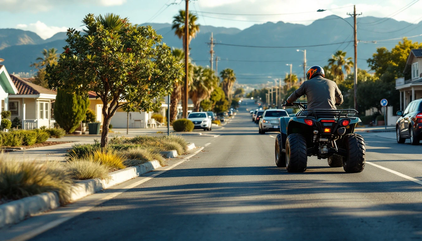 Rider on a black ATV seen from behind, driving down a sunny suburban street with palm trees and distant mountains.