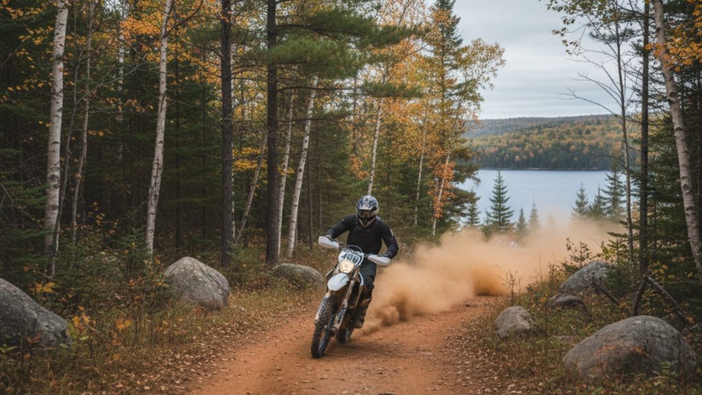 Dirt bike rider in protective gear navigating dusty forest trail with lake and autumn trees visible in background