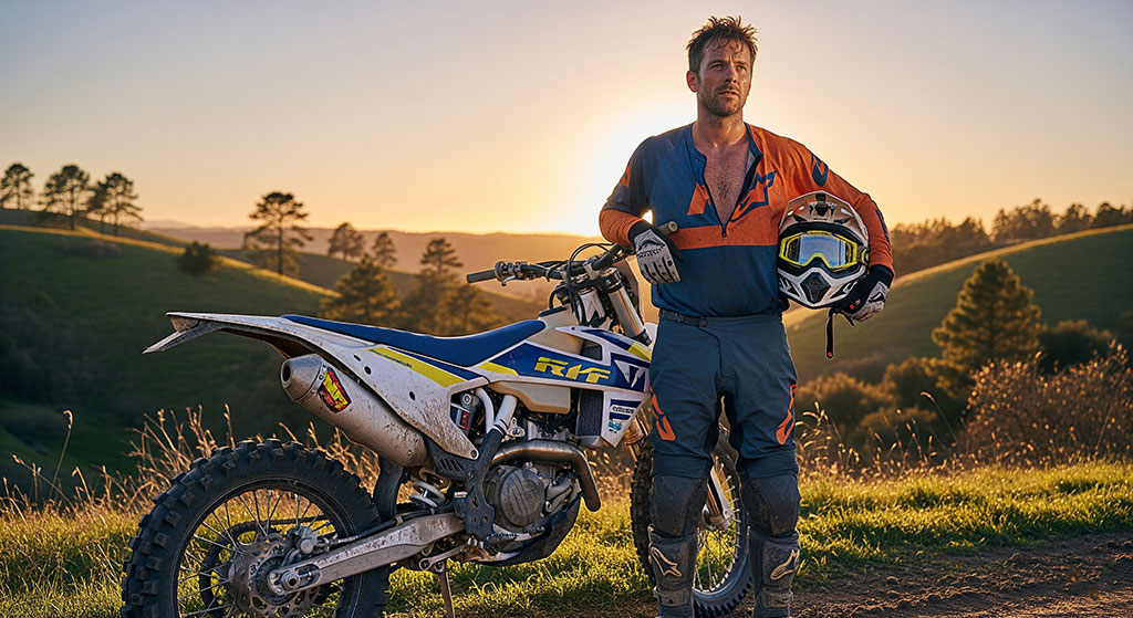 Dirt bike rider in protective gear holding helmet standing with street legal motorcycle in rural Arizona landscape at sunset.
