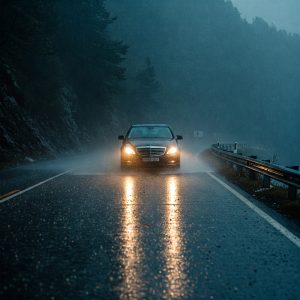 Car driving on wet mountain road in heavy rain with headlights on, demonstrating need for proper windshield wiper maintenance