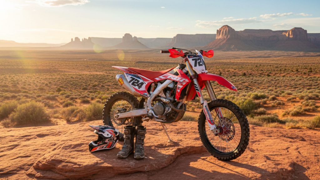 Red dirt bike parked in New Mexico desert landscape with helmet, illustrating OHV regulations and legal riding requirements.