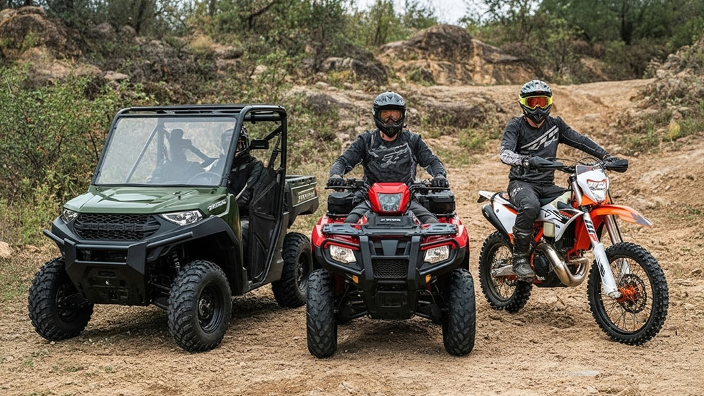 Off-road UTV and dirt bike riders in protective gear on sandy terrain