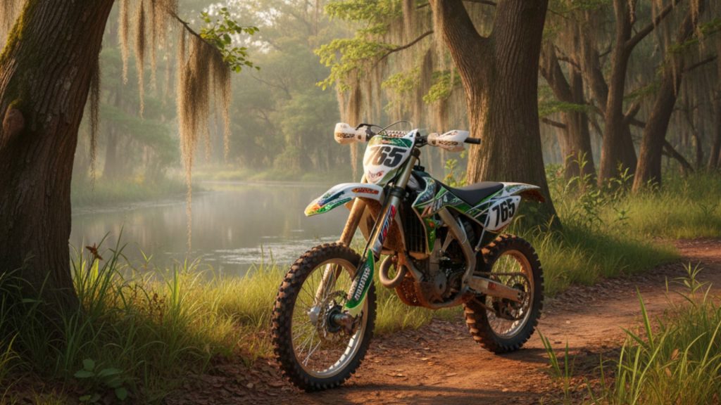 Dirt bike parked on wooded trail beside water, illustrating Mississippi off-road motorcycle riding locations and safety
