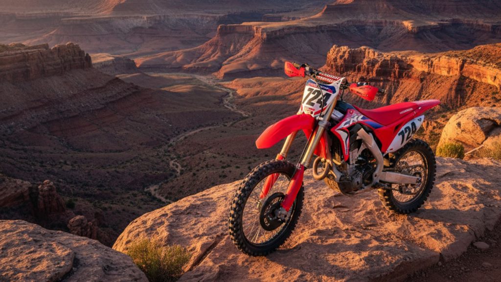 Red dirt bike parked on desert canyon overlook, showcasing off-road motorcycle for Texas riding laws.